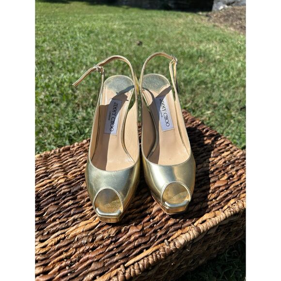 Jimmy Choo Gold Peep Toe Heels Size 36.5 - Picture 1 of 7